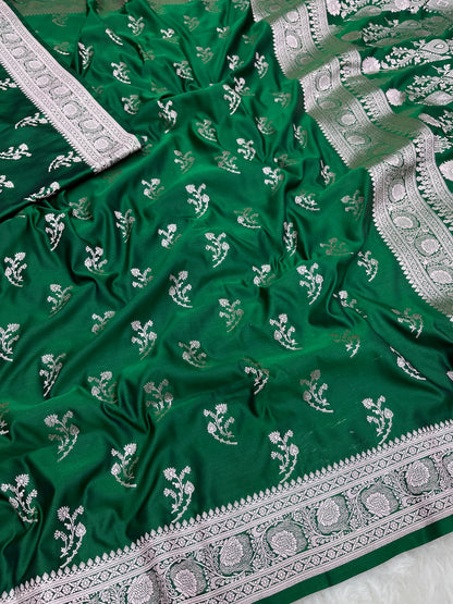 Mehndi Green Banarasi Soft Mashru Katan Silk Saree