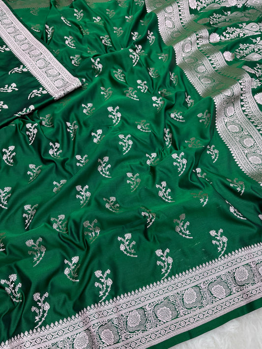 Mehndi Green Banarasi Soft Mashru Katan Silk Saree