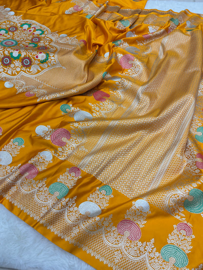 Radiant Haldi Wear Sunlit Yellow Banarasi Mashru Silk Meenakari Saree