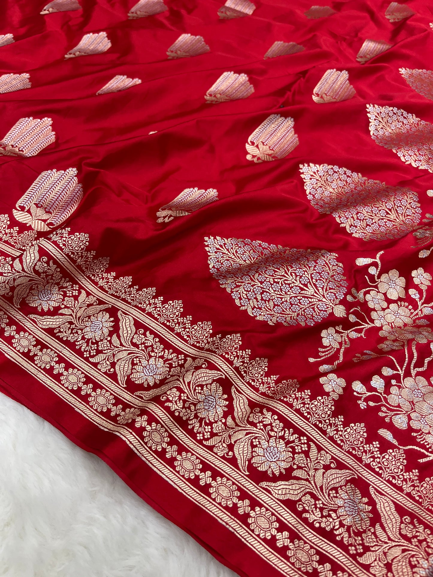 Regal Bridal Wear Crimson Red Banarasi Pure Mashru Silk Sona Rupa Meenakari Saree