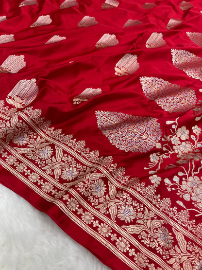 Regal Bridal Wear Crimson Red Banarasi Pure Mashru Silk Sona Rupa Meenakari Saree