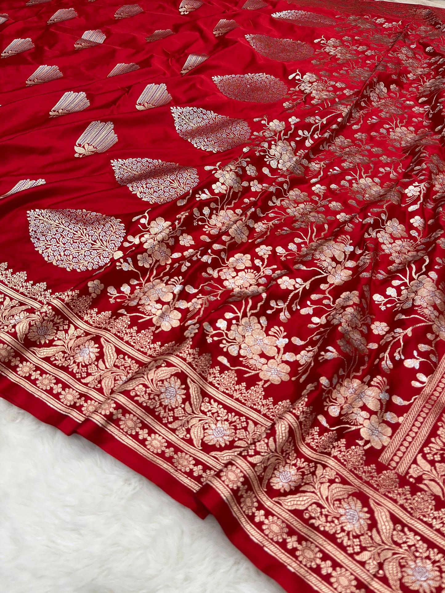 Regal Bridal Wear Crimson Red Banarasi Pure Mashru Silk Sona Rupa Meenakari Saree