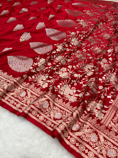 Regal Bridal Wear Crimson Red Banarasi Pure Mashru Silk Sona Rupa Meenakari Saree