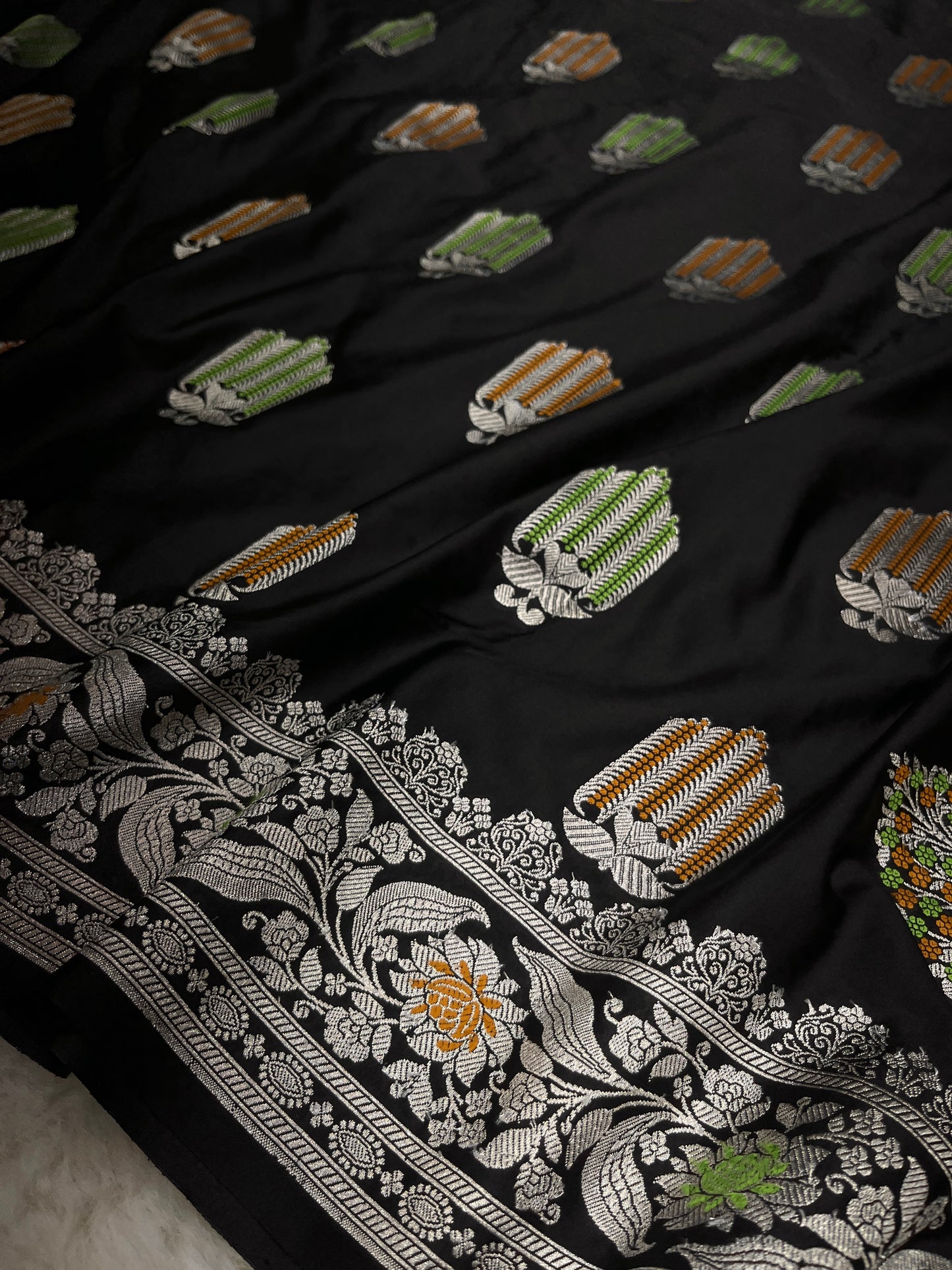 Cocktail Evening Wear Ebony Black Banarasi Mashru Silk Meenakari Saree
