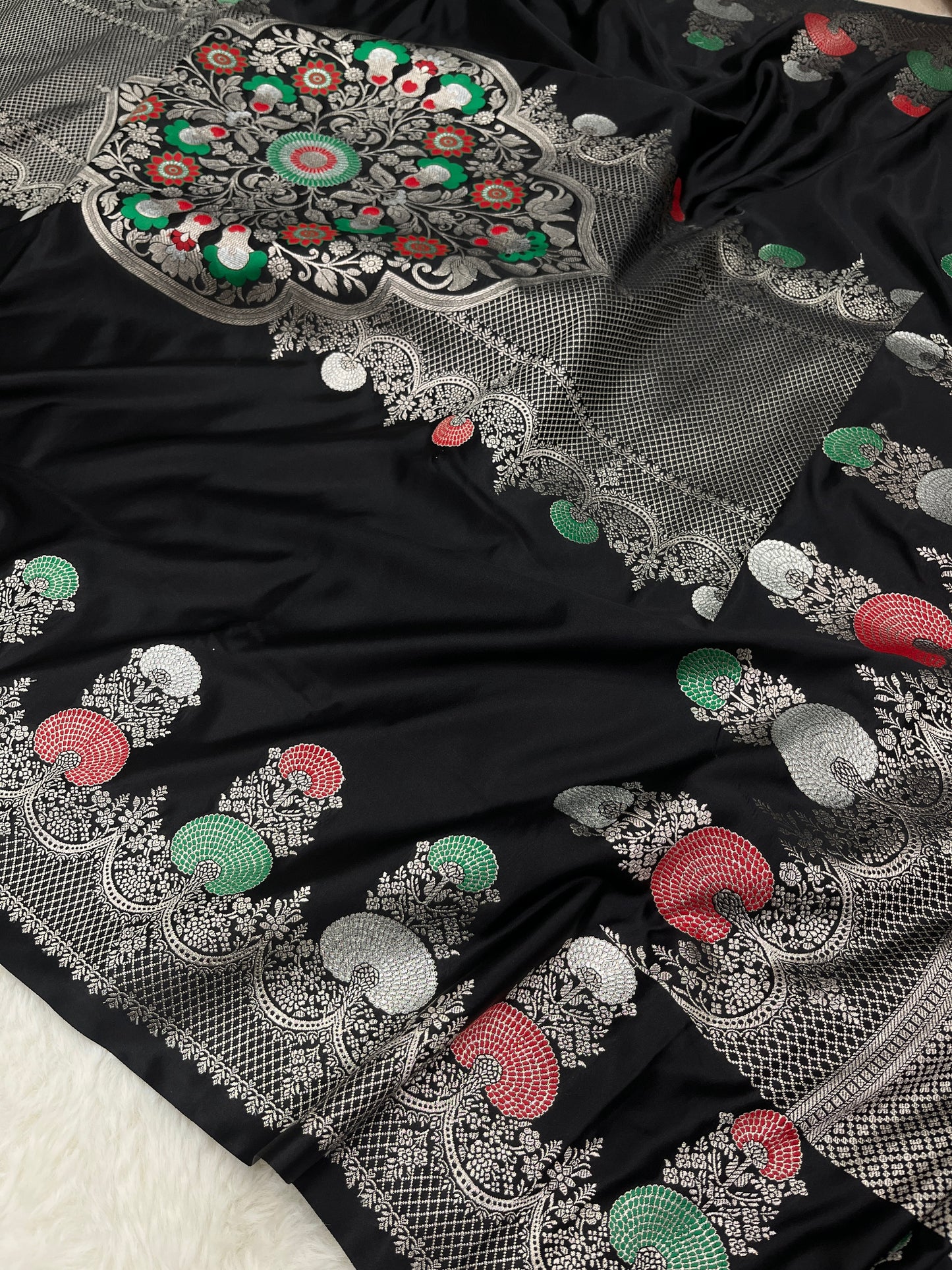 Glamorous Cocktail Wear Midnight Black Banarasi Pure Mashru Silk Meenakari Saree