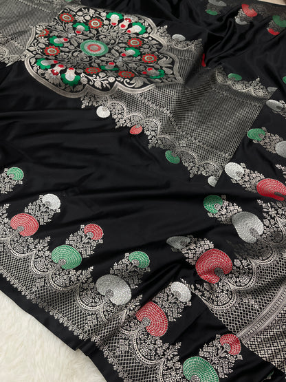Glamorous Cocktail Wear Midnight Black Banarasi Pure Mashru Silk Meenakari Saree
