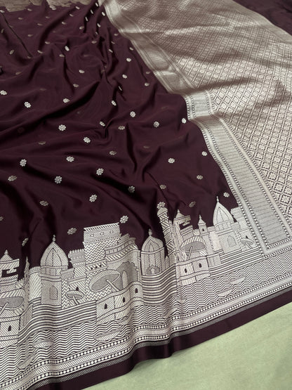 Banaras Ghat Design Soft Mashru Katan Silk Brown Saree