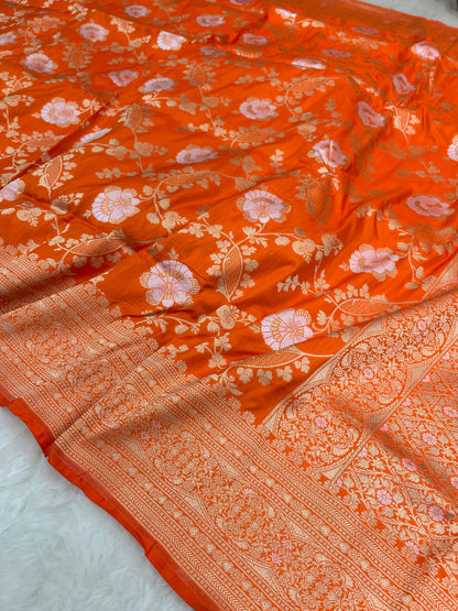 Rust Orange Handwoven Banarasi Pure Katan Silk Meenakari Saree | Regal Bridal Wedding Wear