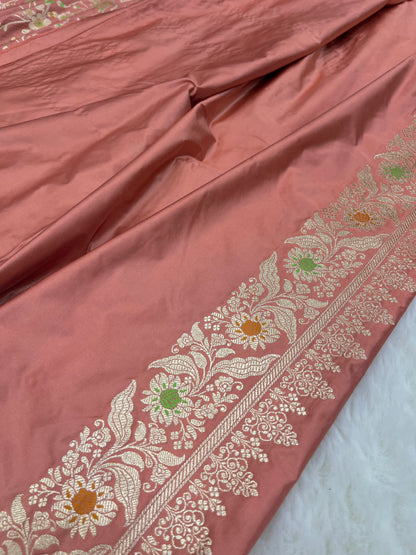 Sophisticated Bridal & Wedding Wear Blush Peach Banarasi Mashru Silk Meenakari Saree