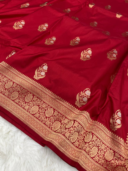Crimson Red Banarasi Meenakari Bootidar Saree Handcrafted Kadua Weave Bridal Wear