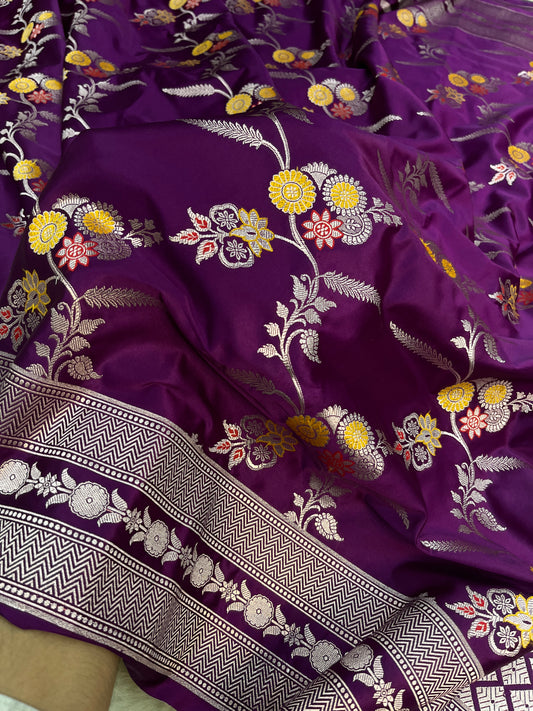 Purple Banarasi Soft Mashru Minakari Floral Jaal Work Saree