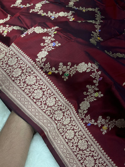 Sophisticated Cocktail Evening Wear Wine Velvet Banarasi Leheriya Meenakari Katan Silk Saree