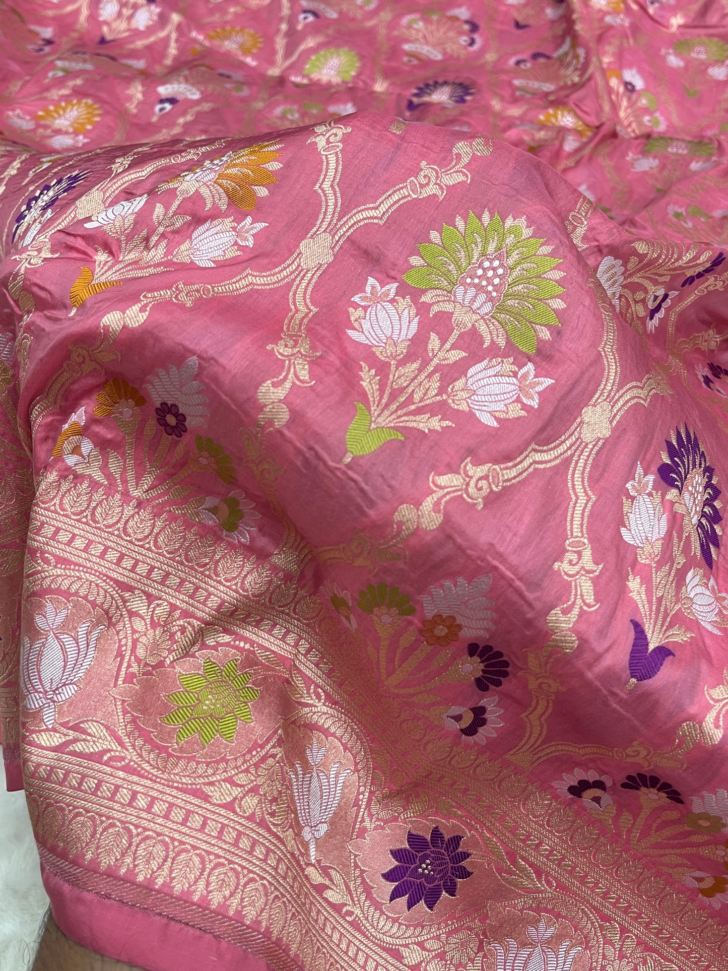 Strawberry Pink Banarasi Katan Silk Floral Jaal Work Saree