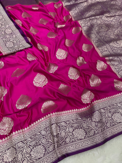 Magenta Pink Banarasi Soft Mashru Katan Silk Bootidar Saree with Purple Contrast Border