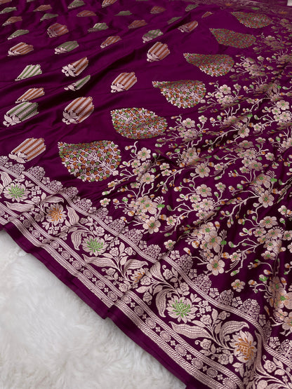 Statement Evening Wear Regal Plum Purple Banarasi Mashru Silk Meenakari Saree