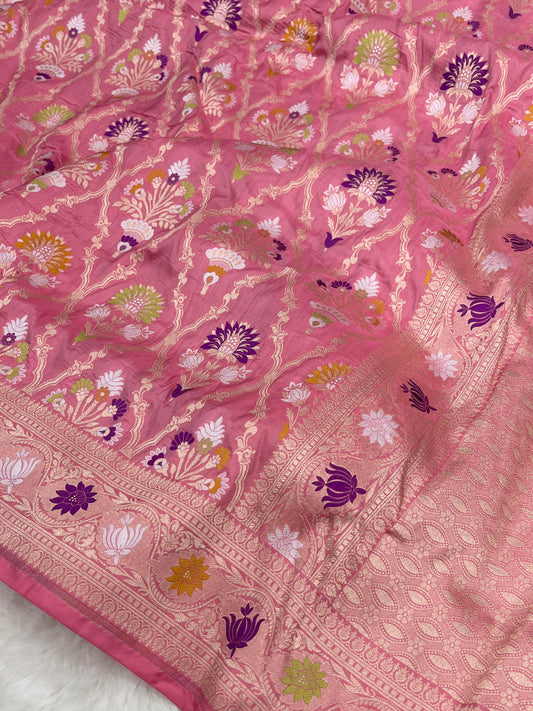 Strawberry Pink Banarasi Katan Silk Floral Jaal Work Saree