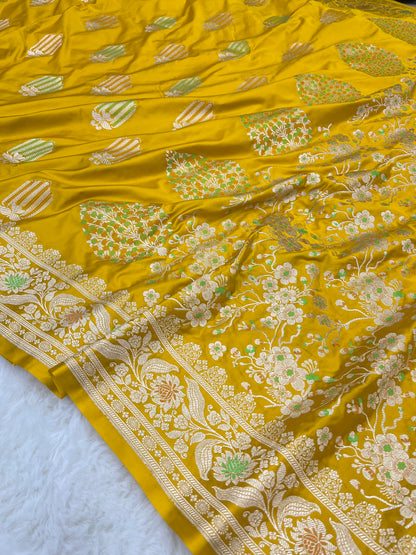 Haldi & Mehendi Wear Mustard Yellow Banarasi Pure Mashru Silk Meenakari Saree