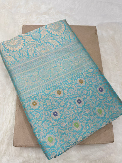 Turquoise Blue Handwoven Banarasi Meenakari Pure Katan Silk Saree