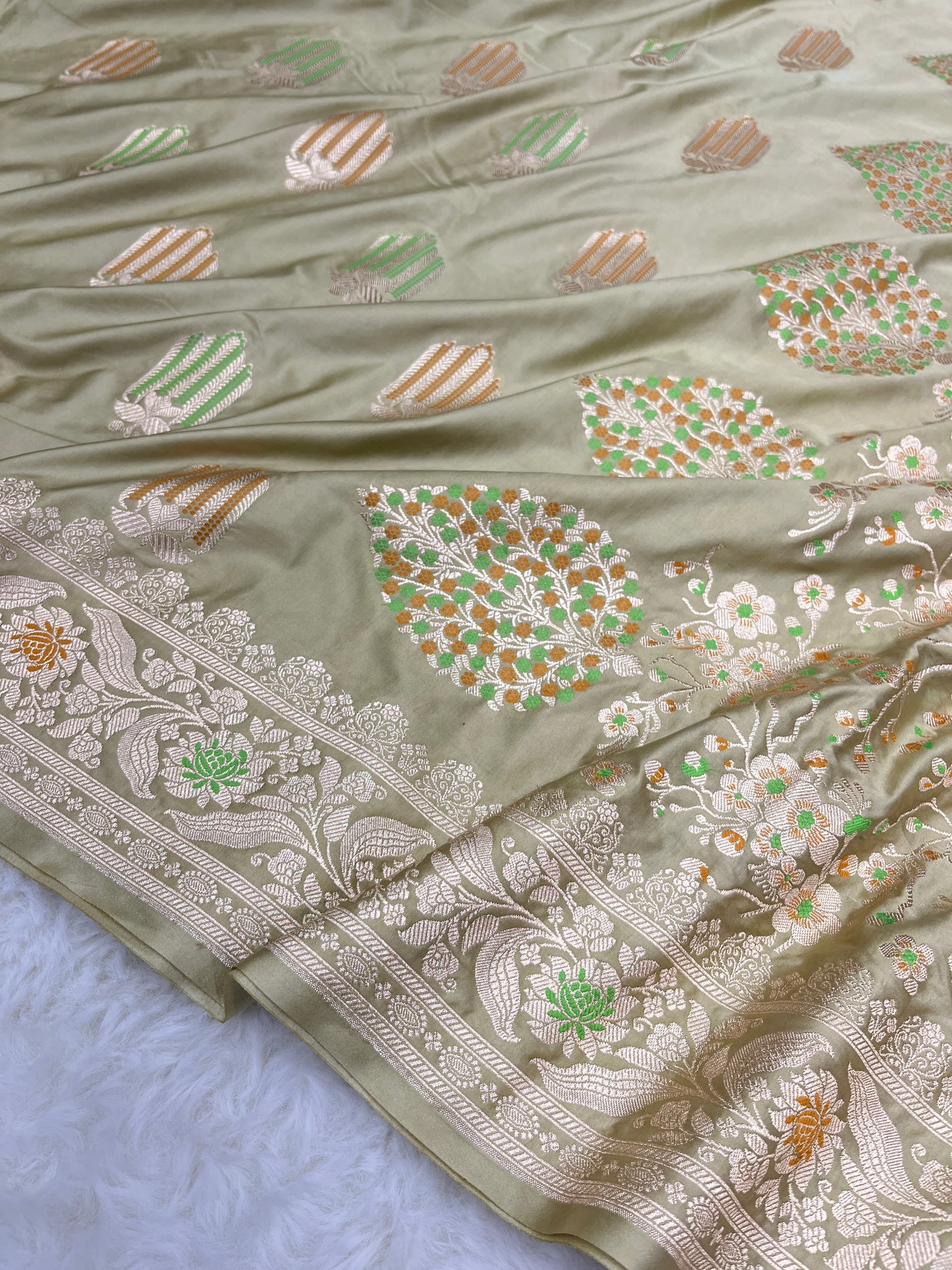 Elegant Festive & Wedding Wear Sage Pastel Green Banarasi Mashru Silk Meenakari Saree
