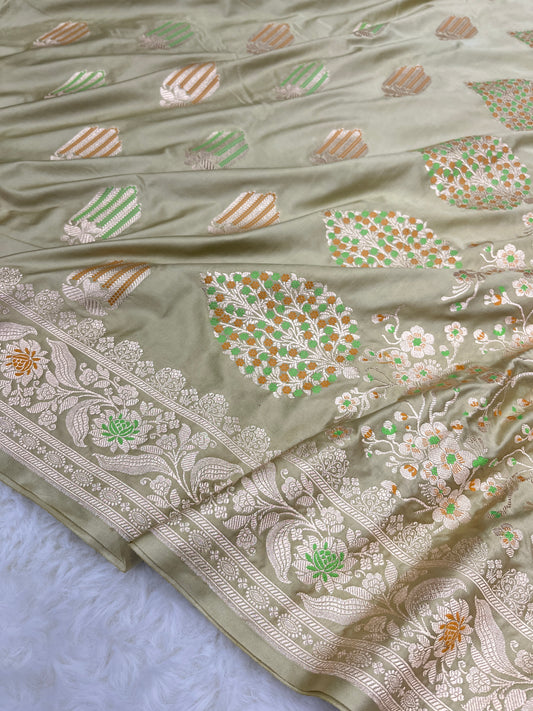 Elegant Festive & Wedding Wear Sage Pastel Green Banarasi Mashru Silk Meenakari Saree