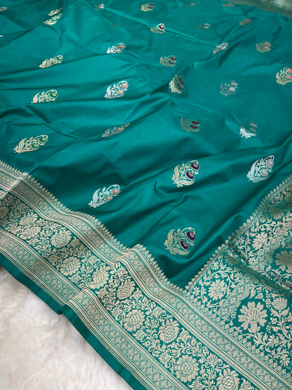 Rama Green Banarasi Pure Katan Silk Meenakari Bootidar Festive Wear Kadua Weave Saree