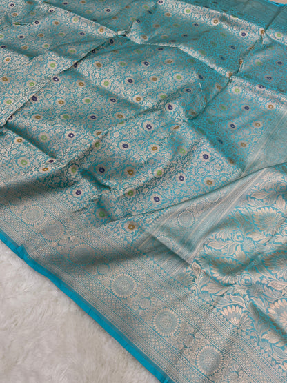 Turquoise Blue Handwoven Banarasi Meenakari Pure Katan Silk Saree