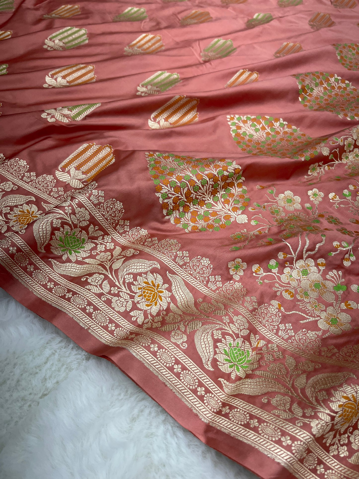 Sophisticated Bridal & Wedding Wear Blush Peach Banarasi Mashru Silk Meenakari Saree