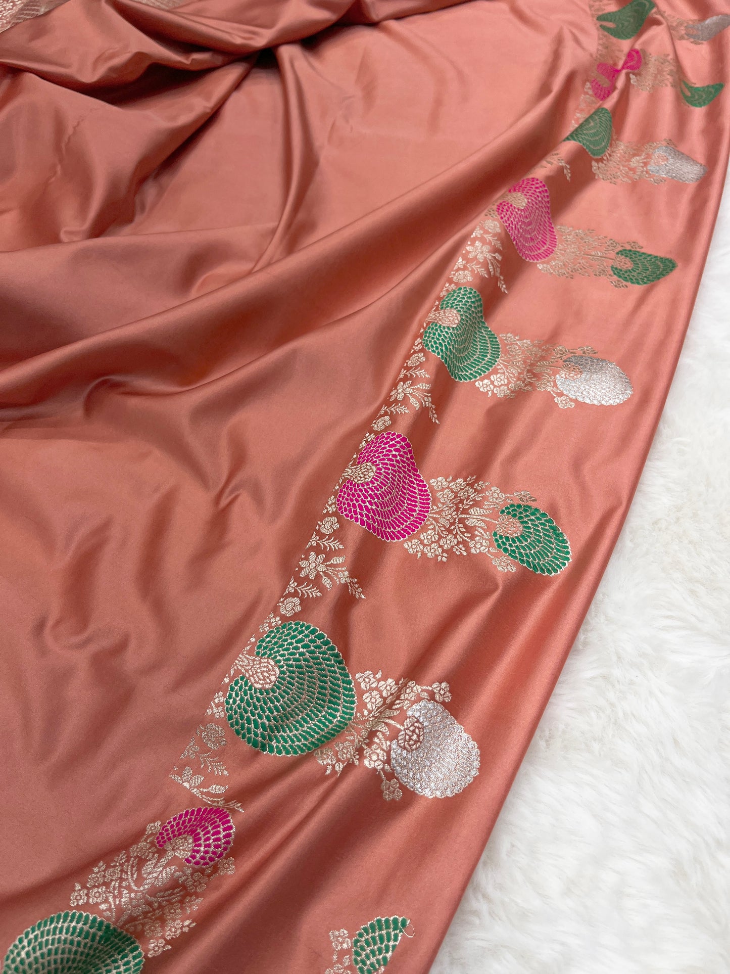 Wedding Wear Peach Banarasi Pure Mashru Silk Meenakari Saree