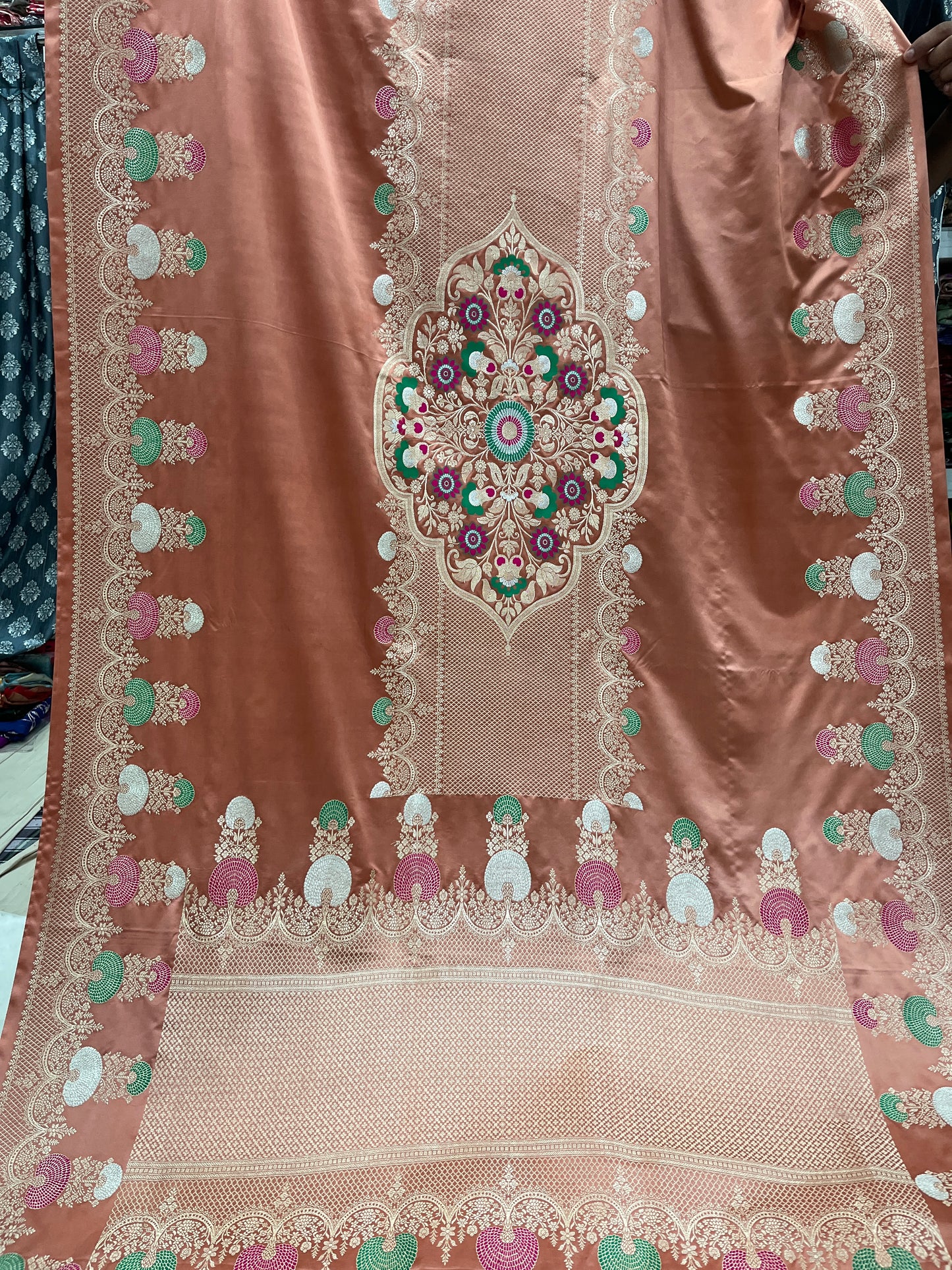 Wedding Wear Peach Banarasi Pure Mashru Silk Meenakari Saree