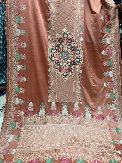 Wedding Wear Peach Banarasi Pure Mashru Silk Meenakari Saree