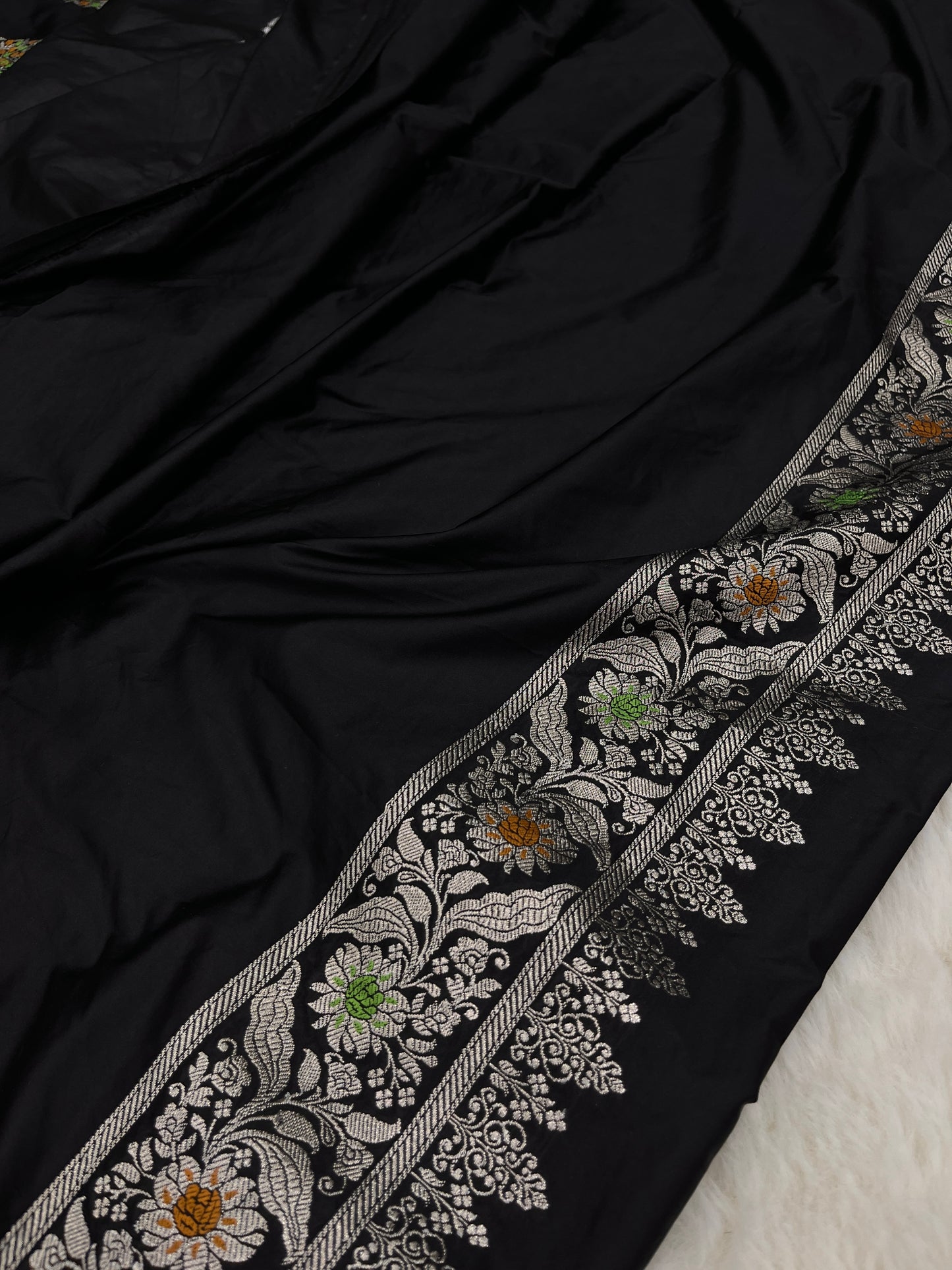 Cocktail Evening Wear Ebony Black Banarasi Mashru Silk Meenakari Saree