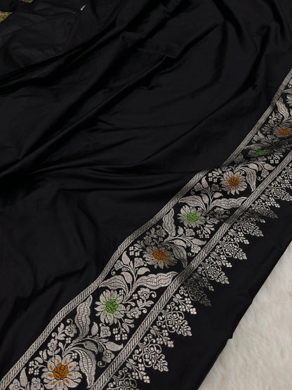 Cocktail Evening Wear Ebony Black Banarasi Mashru Silk Meenakari Saree