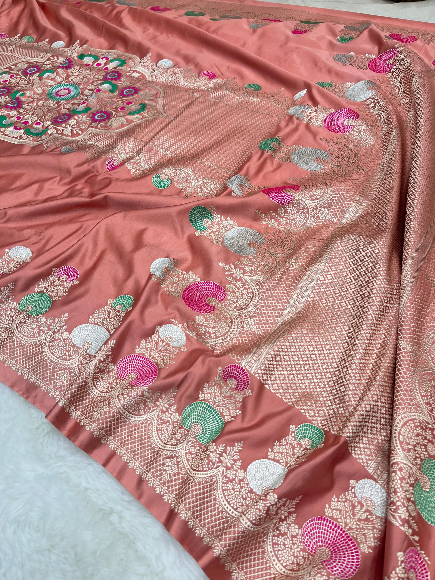 Wedding Wear Peach Banarasi Pure Mashru Silk Meenakari Saree