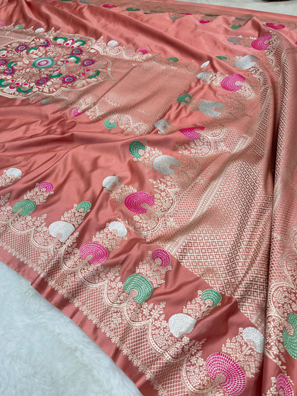 Wedding Wear Peach Banarasi Pure Mashru Silk Meenakari Saree