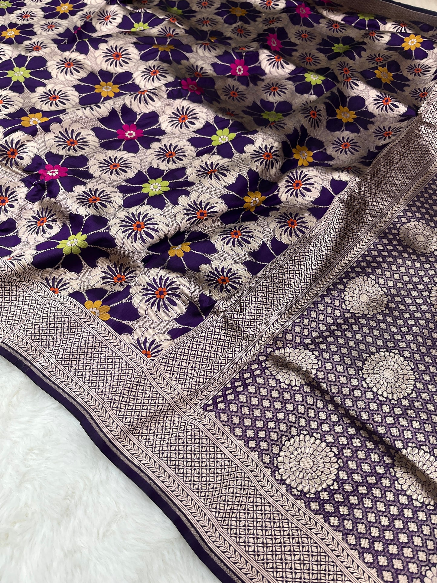 Cocktail Wear Dark Purple Royal Amethyst Handwoven Banarasi Pure Katan Silk Meenakari Saree