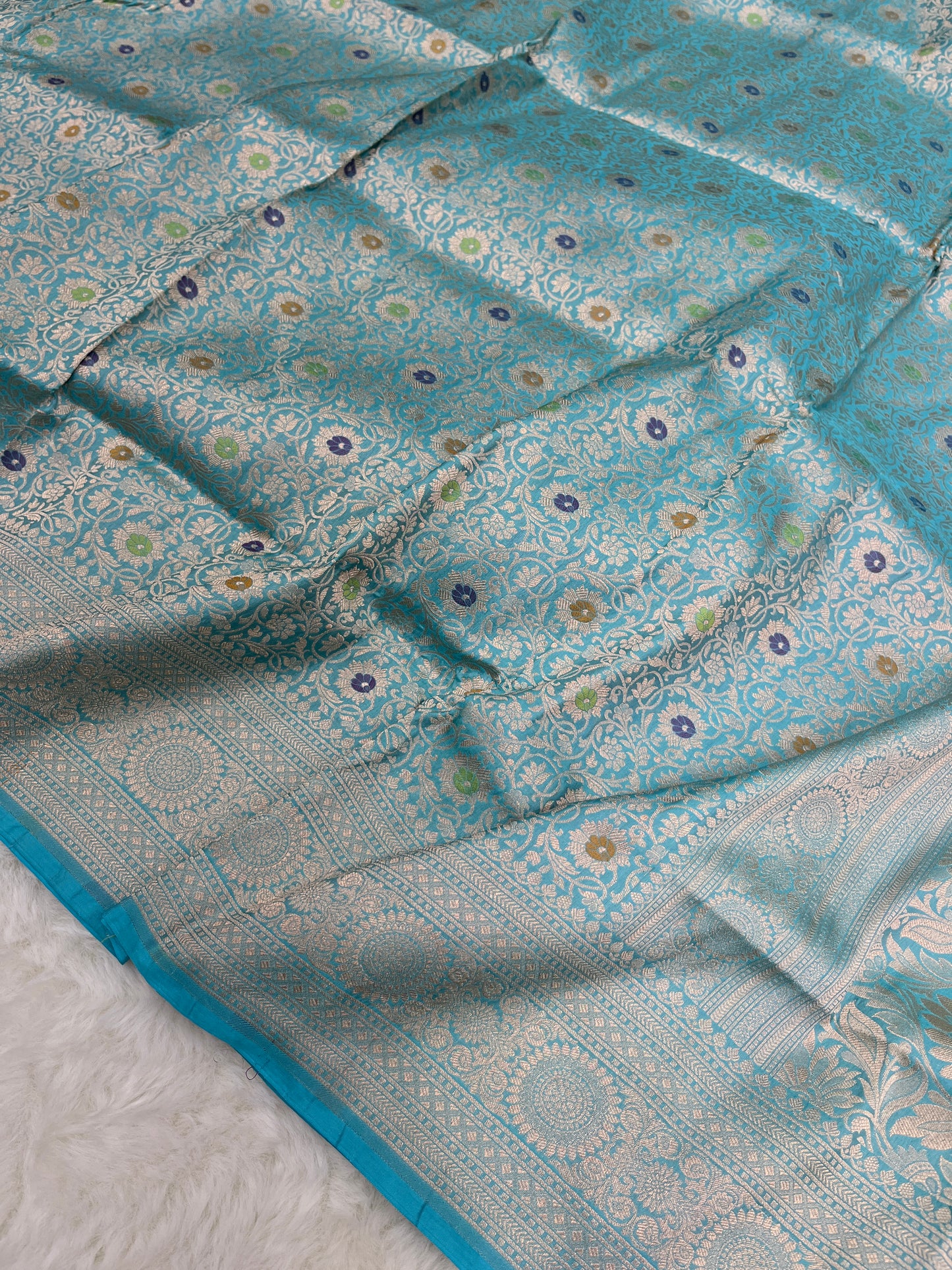 Turquoise Blue Handwoven Banarasi Meenakari Pure Katan Silk Saree