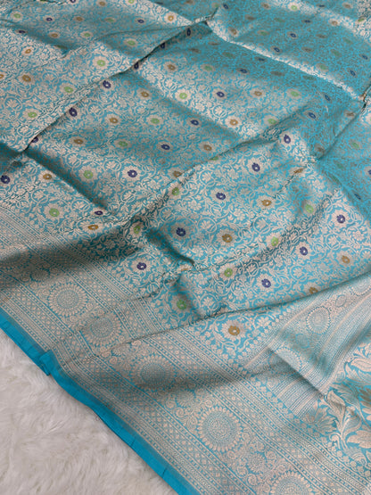 Turquoise Blue Handwoven Banarasi Meenakari Pure Katan Silk Saree