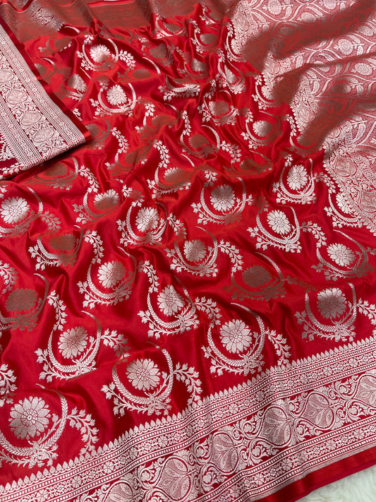 Banarasi Bridal Wear Red Jangla Soft Mashru Katan Silk Saree