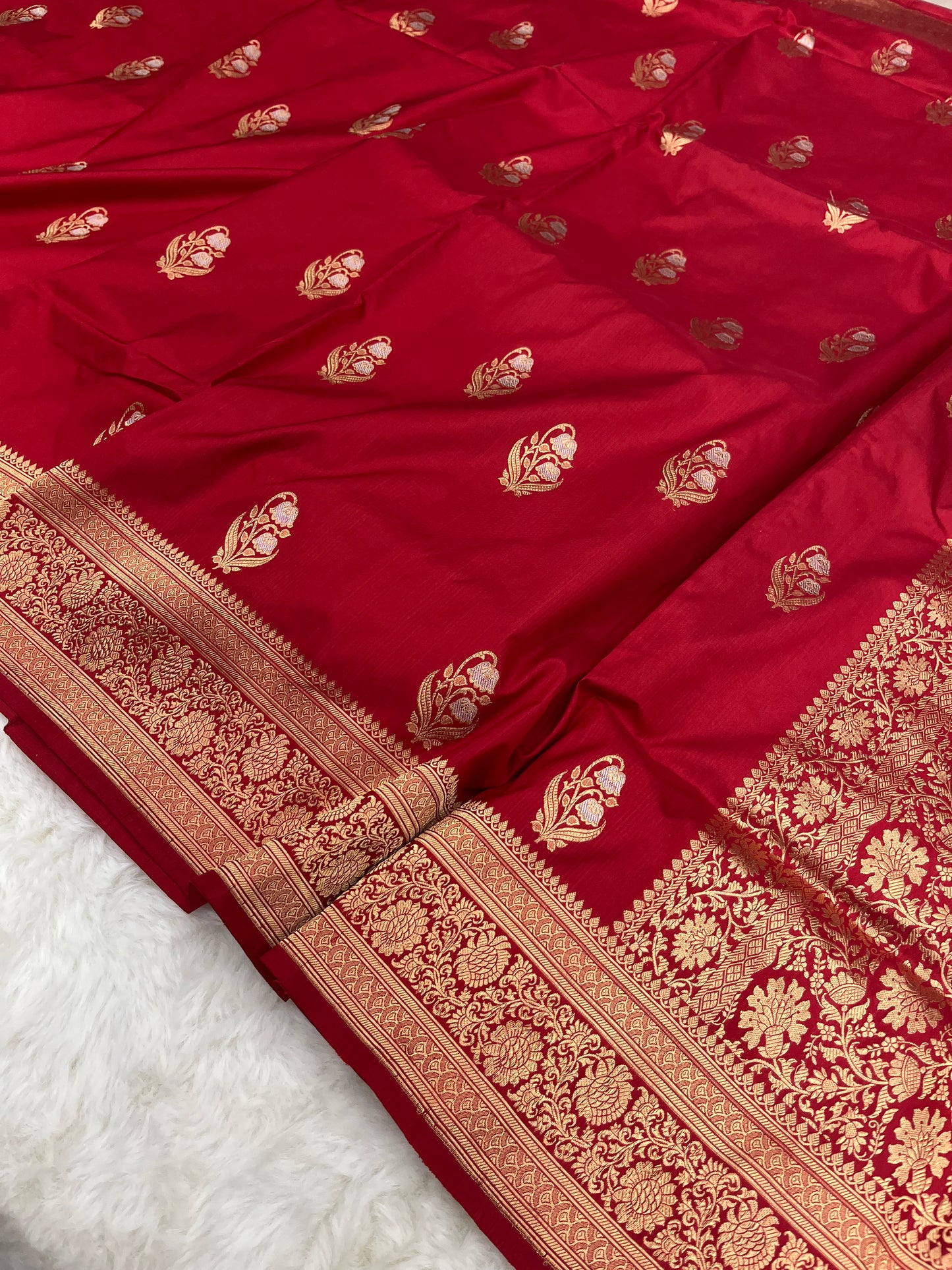 Crimson Red Banarasi Meenakari Bootidar Saree Handcrafted Kadua Weave Bridal Wear