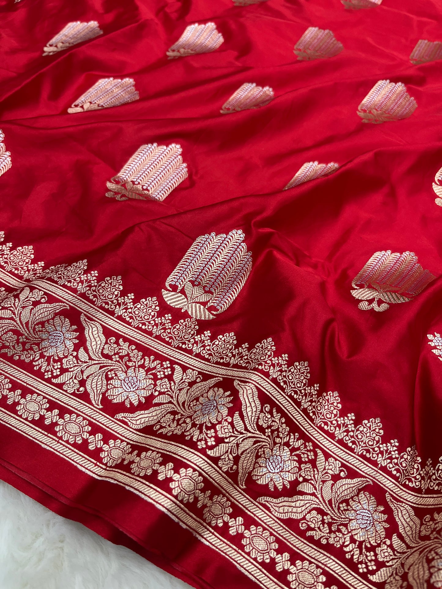 Regal Bridal Wear Crimson Red Banarasi Pure Mashru Silk Sona Rupa Meenakari Saree