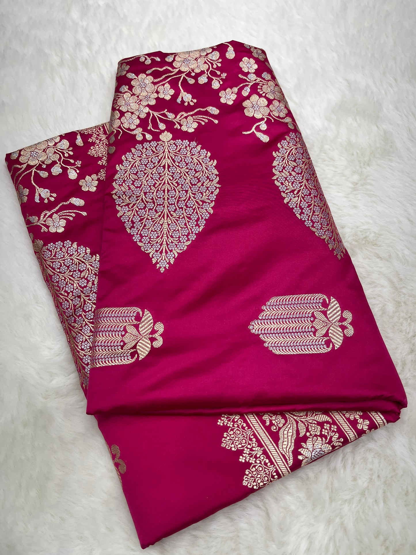 Rose Pink Banarasi Silk Saree with Sona Rupa Meenakari | Graceful Bridal Wedding Wear