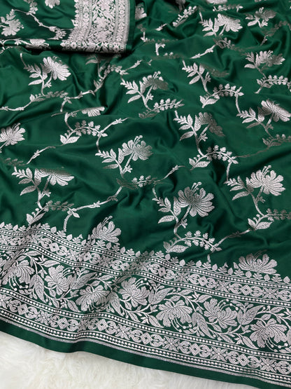 Green Banarasi Soft Mashru Katan Silk Jangla Saree