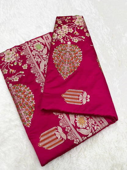 Vibrant Wedding Elegance Pink Banarasi Mashru Silk Meenakari Bridal Saree