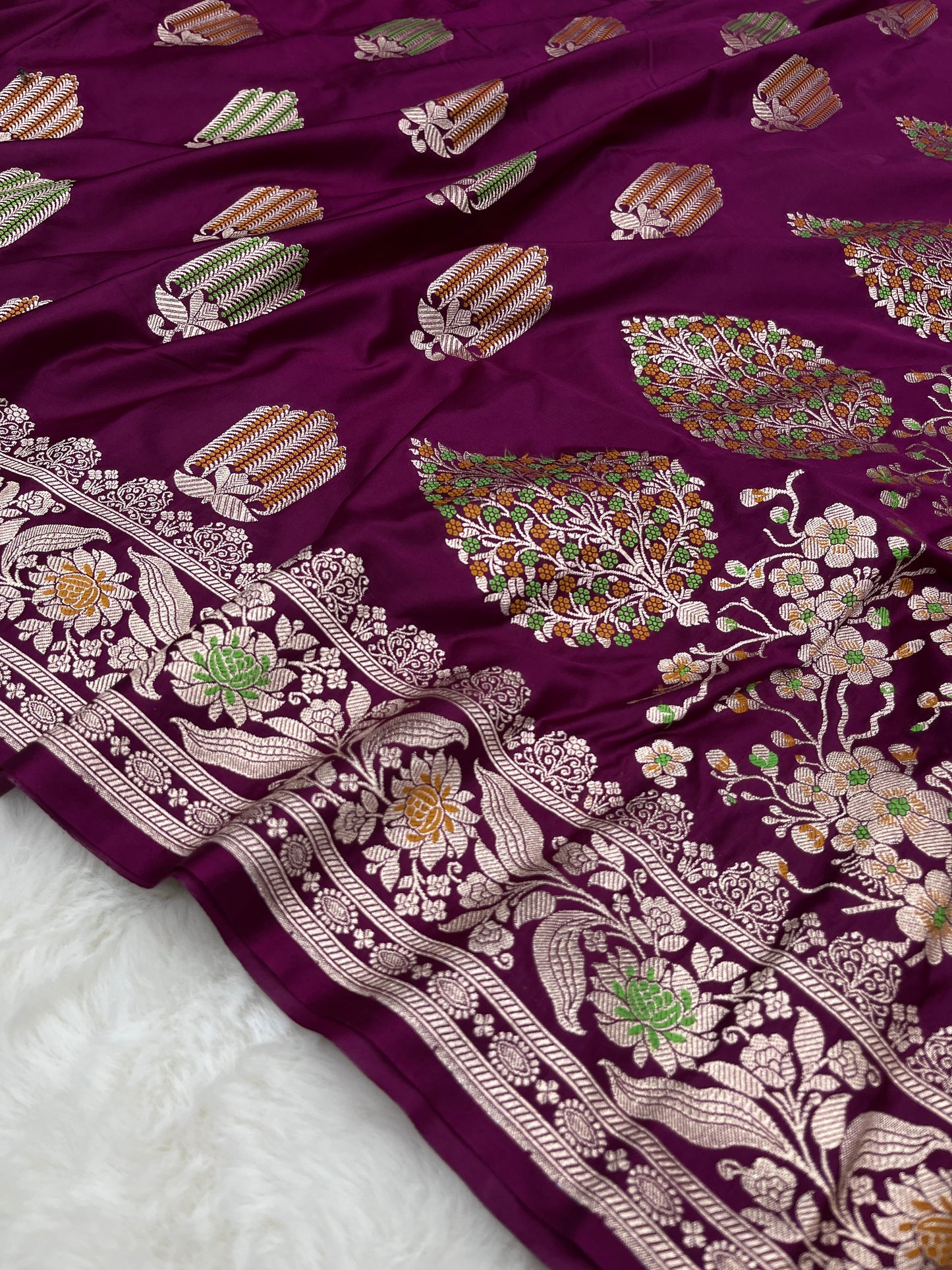 Statement Evening Wear Regal Plum Purple Banarasi Mashru Silk Meenakari Saree