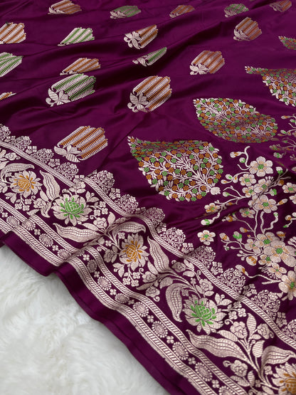 Statement Evening Wear Regal Plum Purple Banarasi Mashru Silk Meenakari Saree
