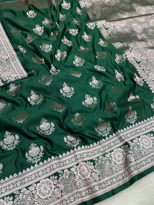 Green Banarasi Soft Mashru Katan Silk Bootidar Saree