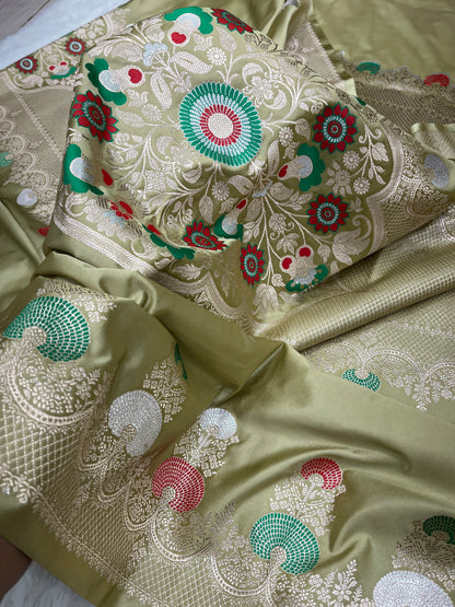 Graceful Festive Wear Pastel Green Banarasi Mashru Silk Meenakari Saree