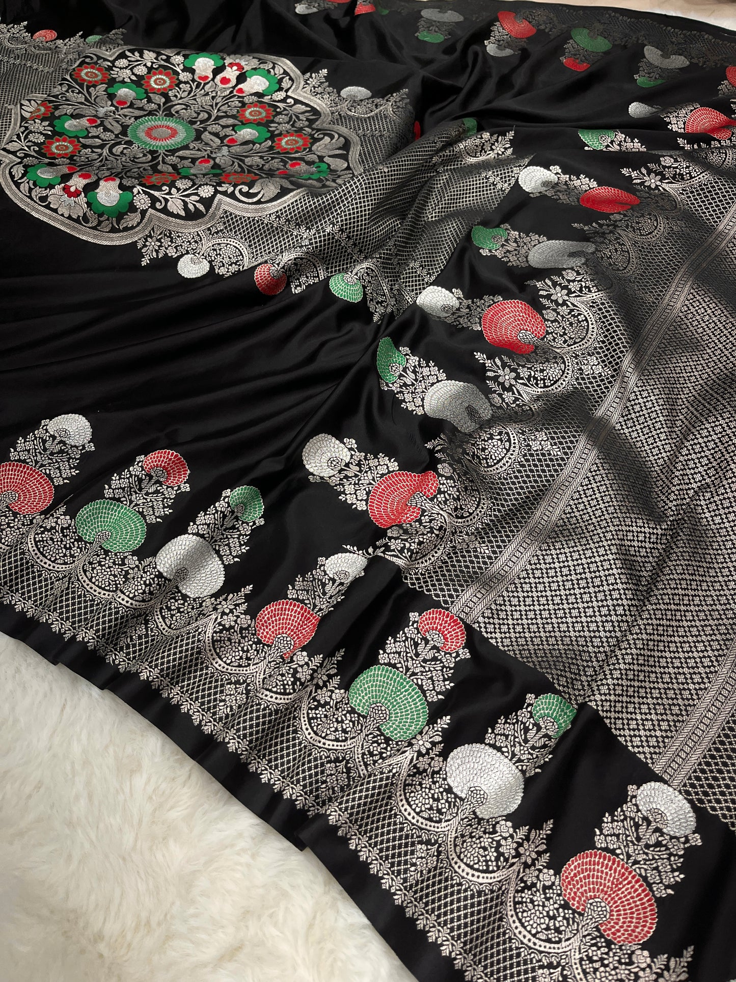 Glamorous Cocktail Wear Midnight Black Banarasi Pure Mashru Silk Meenakari Saree