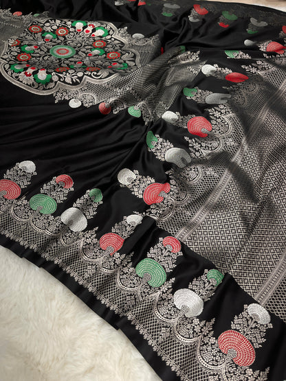 Glamorous Cocktail Wear Midnight Black Banarasi Pure Mashru Silk Meenakari Saree