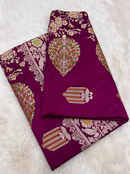 Statement Evening Wear Regal Plum Purple Banarasi Mashru Silk Meenakari Saree